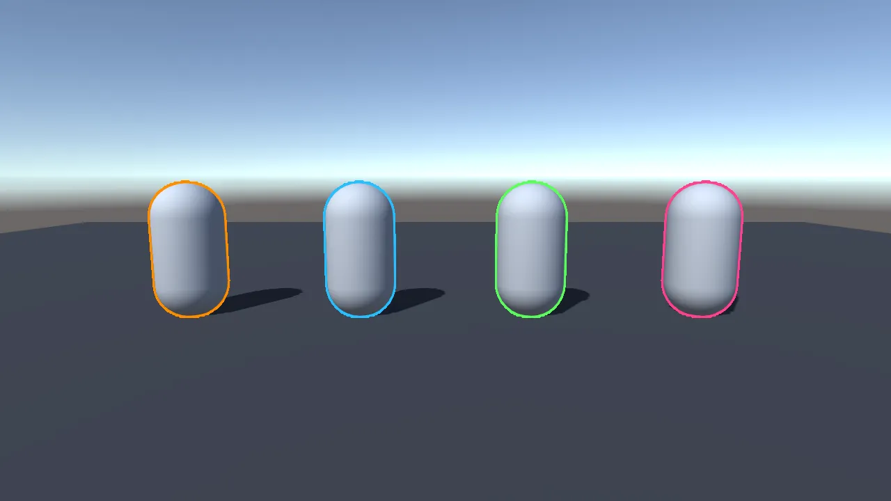 Four outlined objects, each a different colour